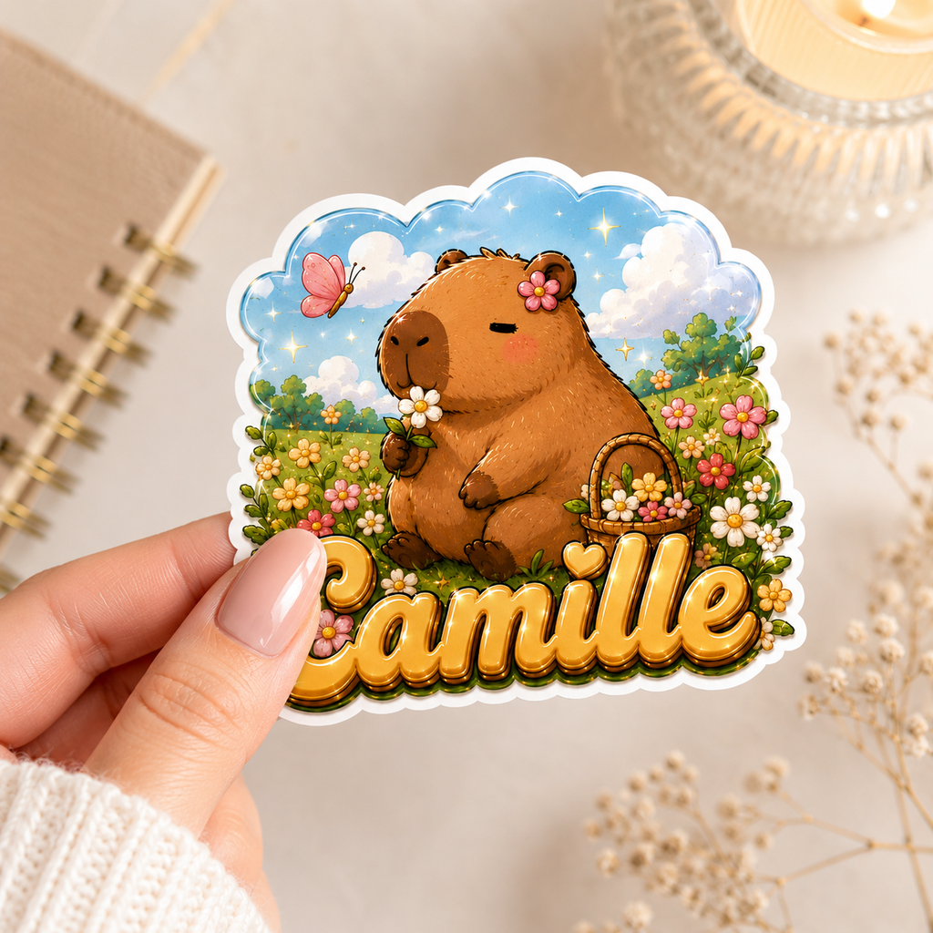 Autocollant Capybara Fleuri au Nom Camille