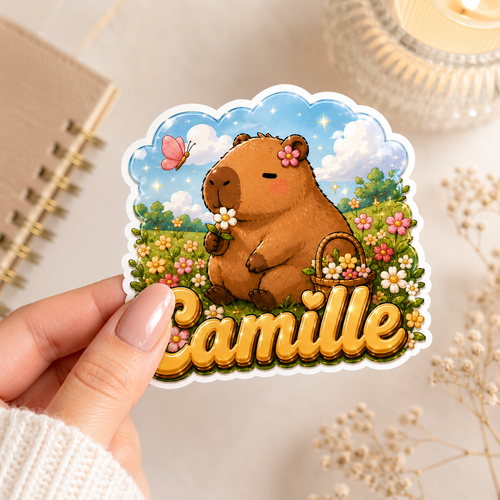 Autocollant Capybara Fleuri au Nom Camille