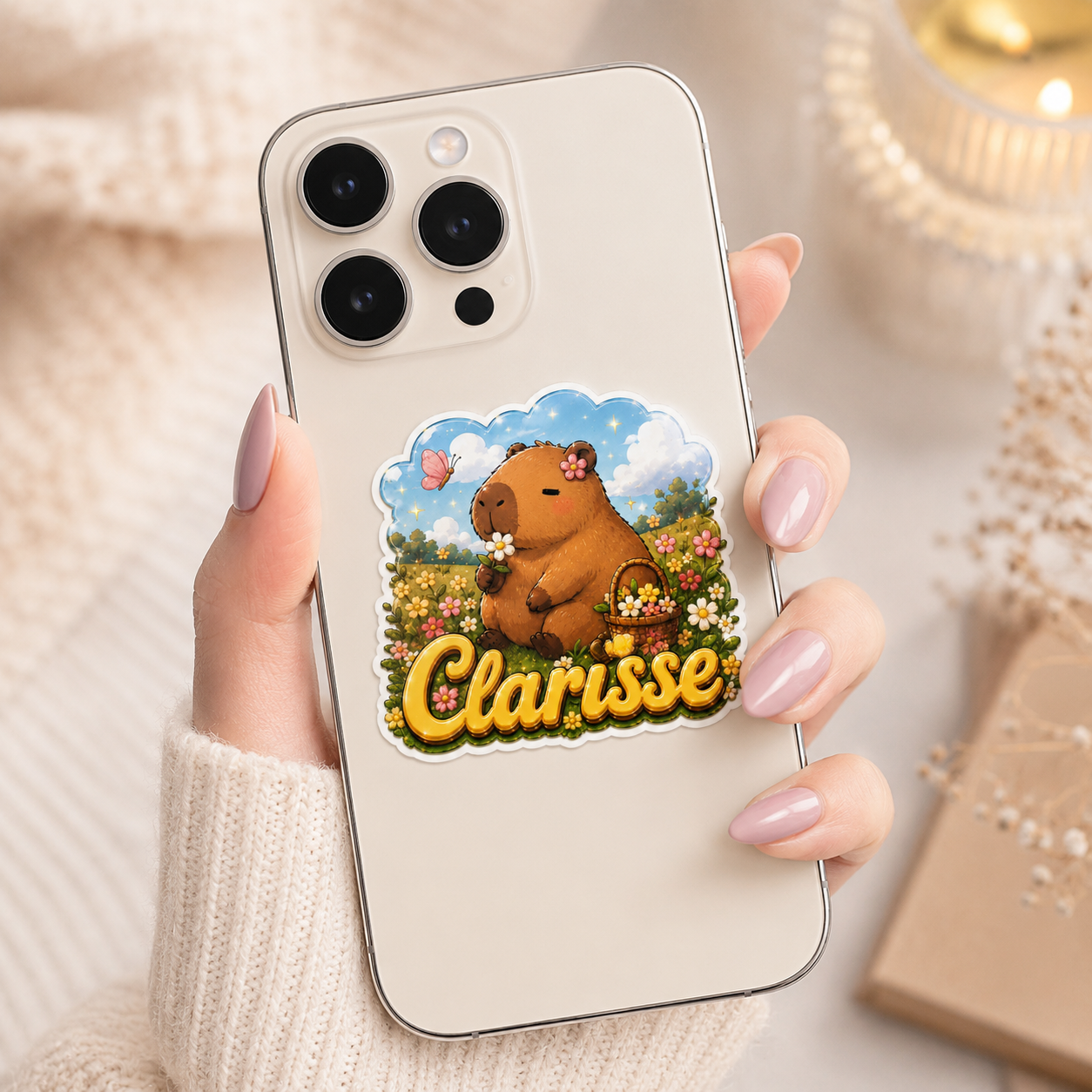 Autocollant Capybara Fleuri au Nom Camille