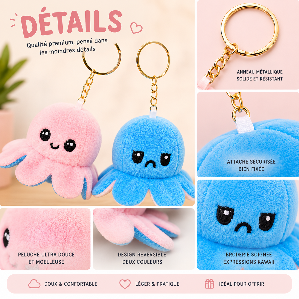 Porte-clés Peluche Octopus Bleu Réversible