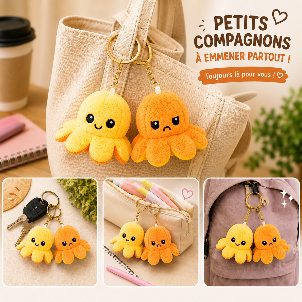 Porte-Clés Peluche Octopus Jaune Réversible