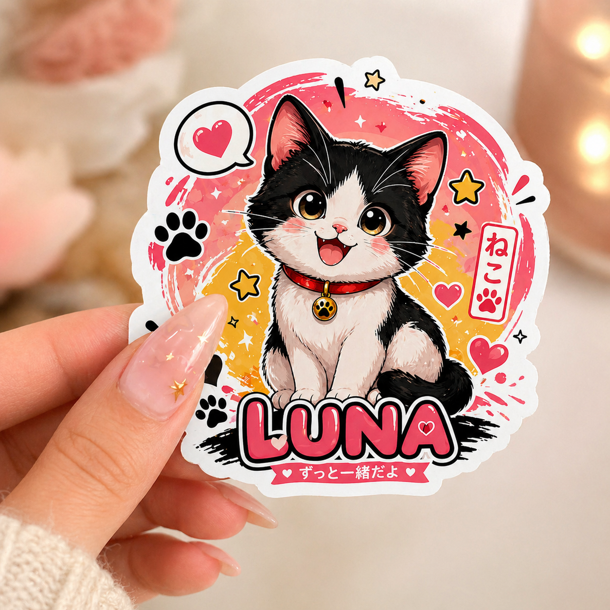 Sticker Chat Kawaii Luna Noir et Blanc à Clochette