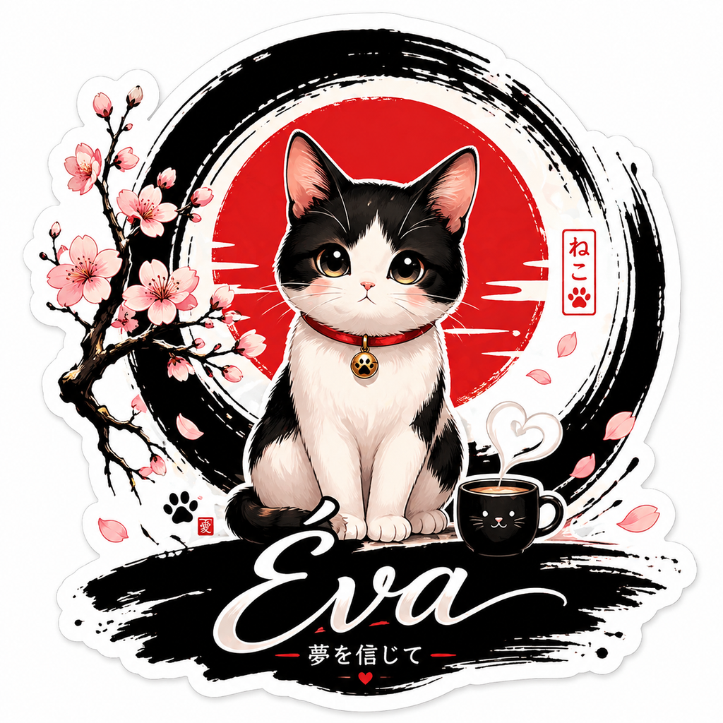 Sticker Chat Noir et Blanc Eva Sakura