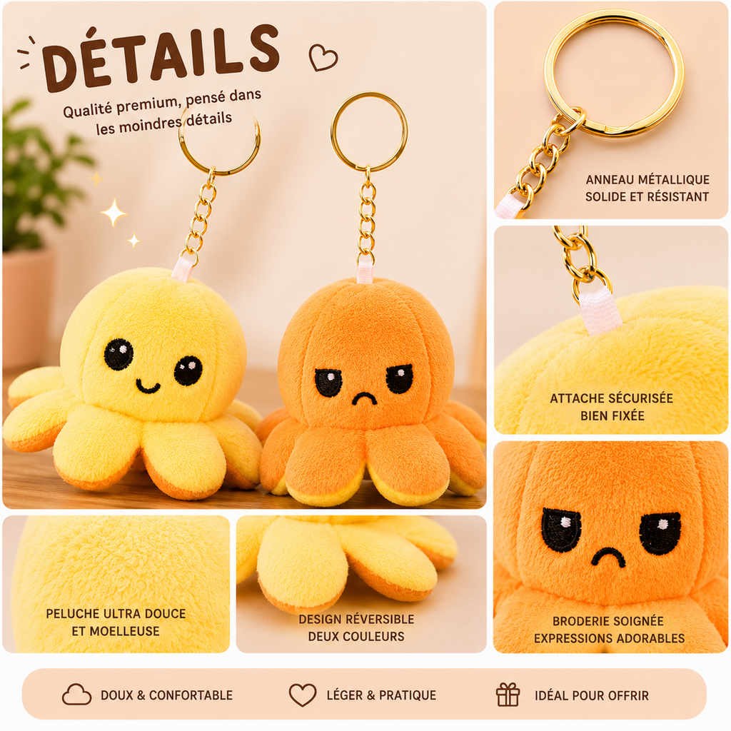 Porte-Clés Peluche Octopus Jaune Réversible
