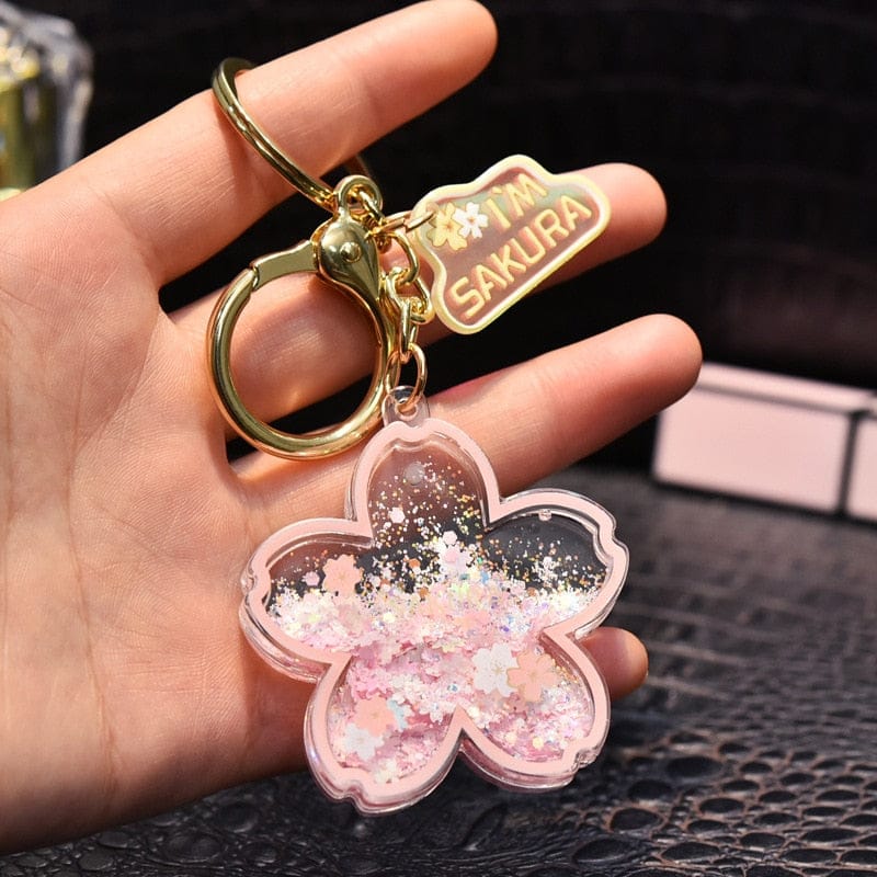 Porte-clés Fleur de Cerisier Rose à Paillettes Scintillantes