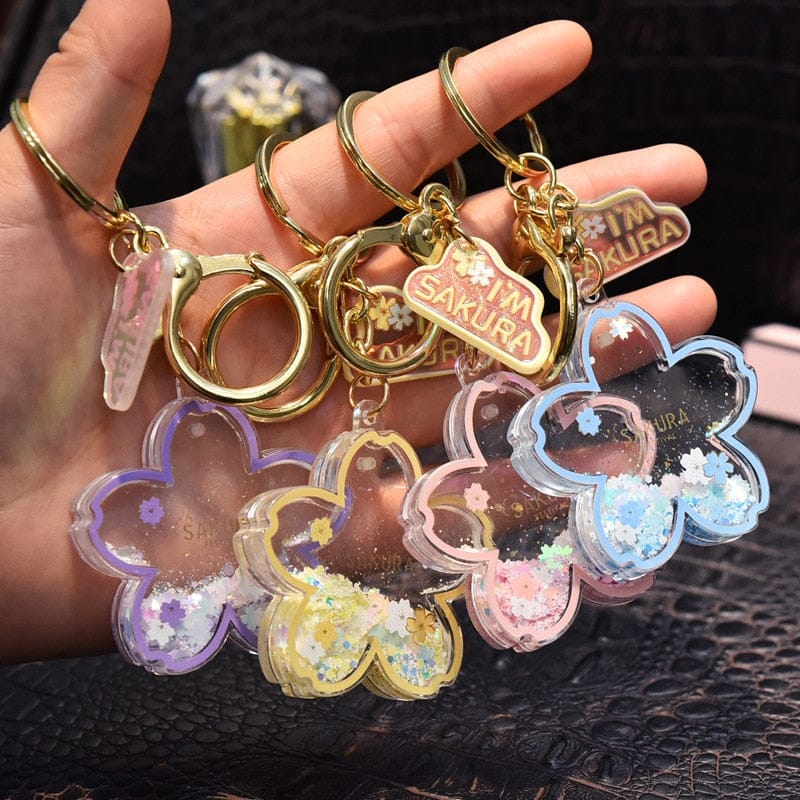 Porte-clés Fleur de Cerisier Rose à Paillettes Scintillantes