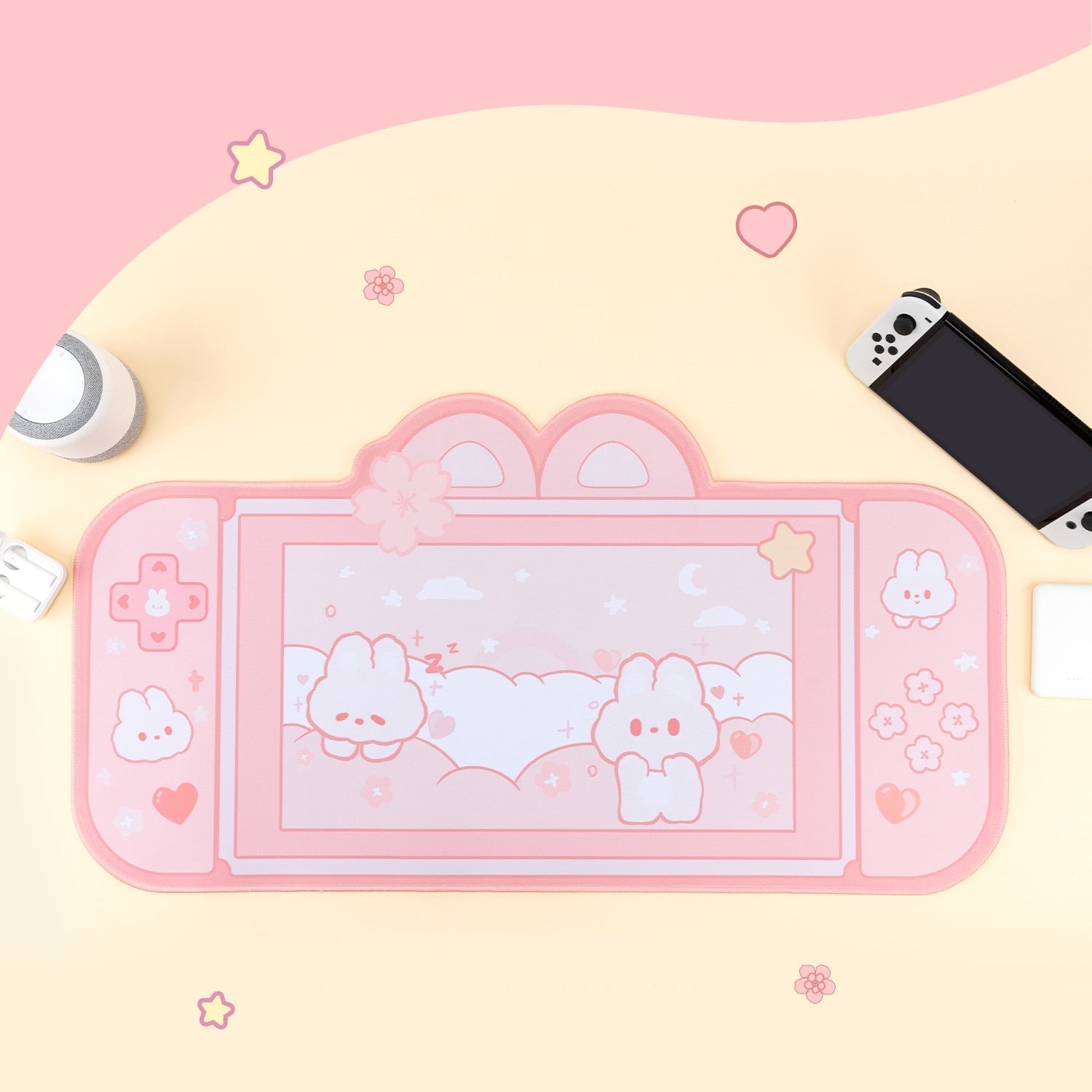 Tapis de Souris Rose Pâle Design Console Lapins Mignons