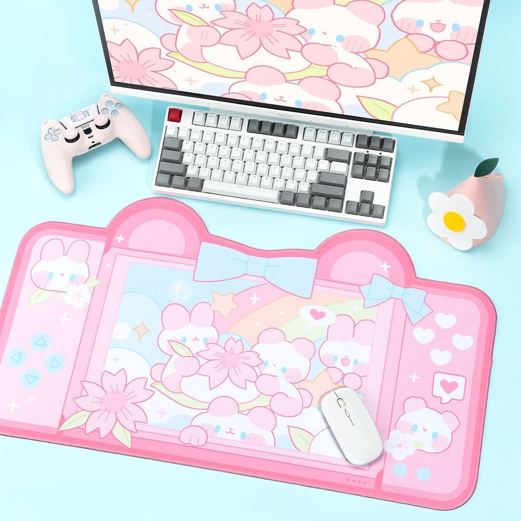 Tapis de Souris Kawaii Rose Console Lapins Sakura