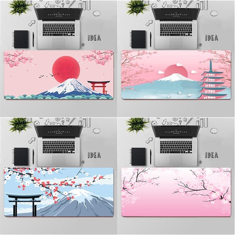 Tapis de Bureau Mont Fuji, Cerisiers Roses et Soleil