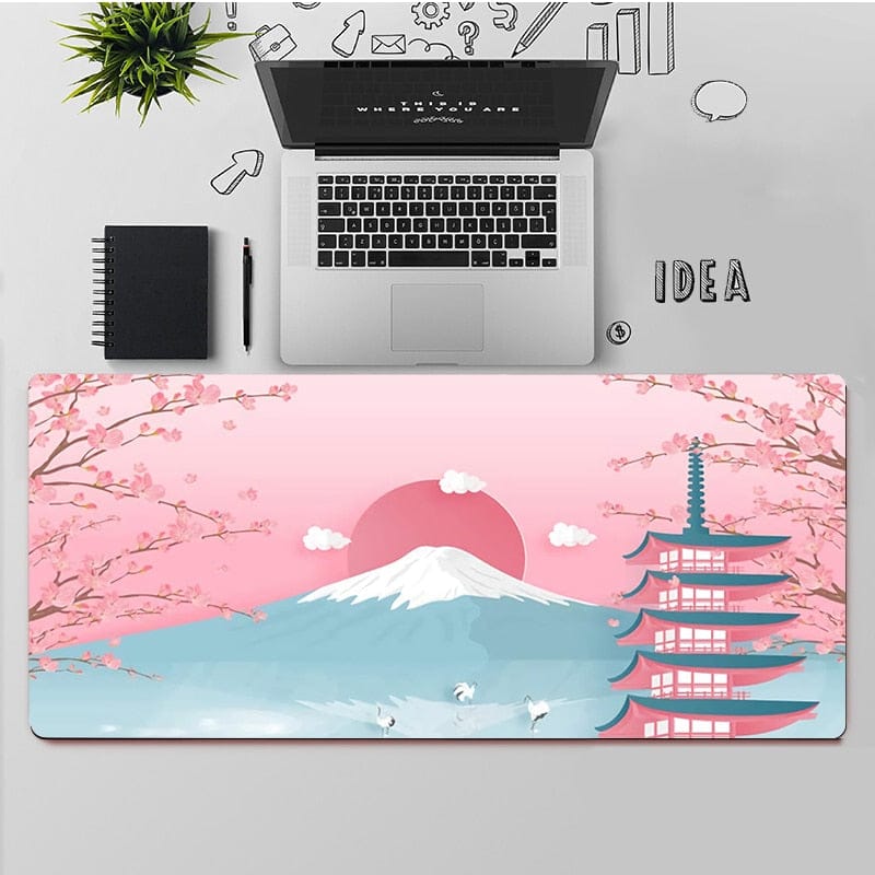 Tapis de Bureau Mont Fuji, Cerisiers Roses et Soleil
