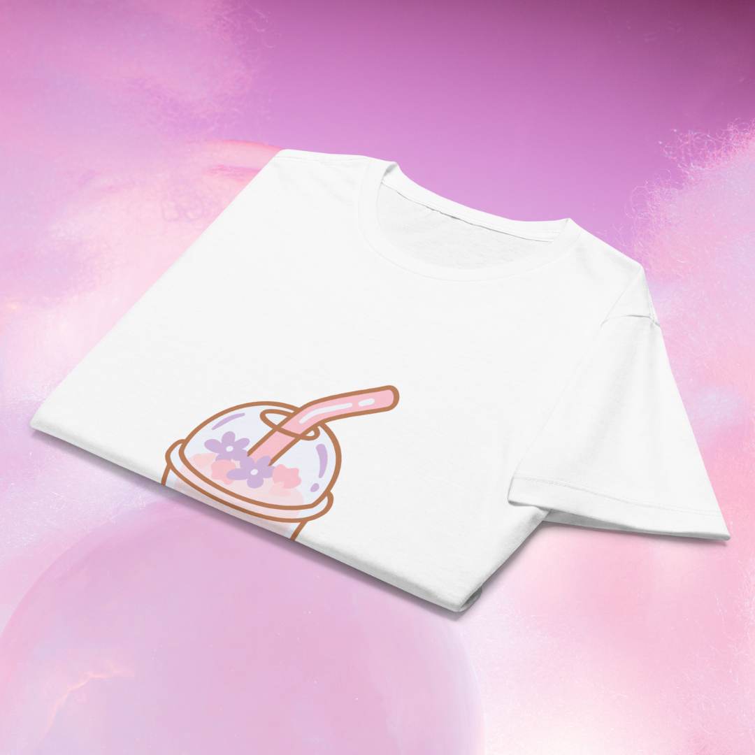 T-Shirt Blanc à Motif Thé Floral Rose Kawaii
