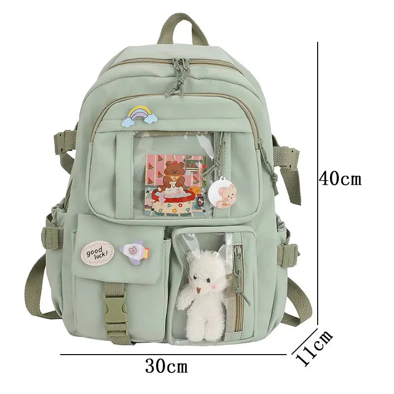Sac à Dos Kawaii Vert Sauge Clair avec Poches Vitrines