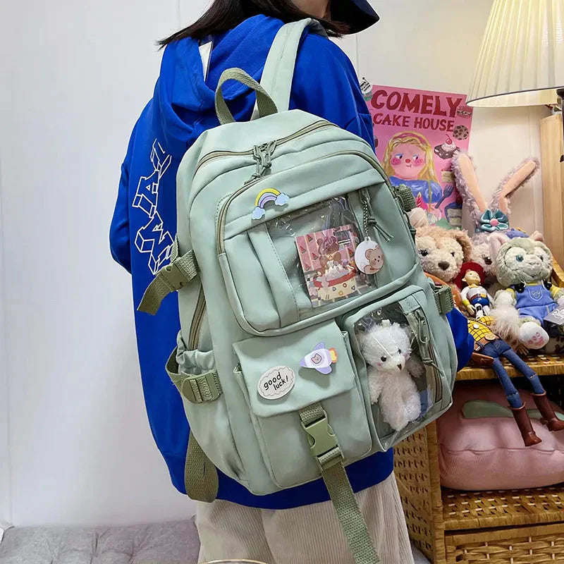 Sac à Dos Kawaii Vert Sauge Clair avec Poches Vitrines