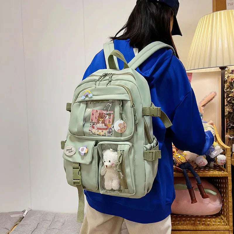 Sac à Dos Kawaii Vert Sauge Clair avec Poches Vitrines