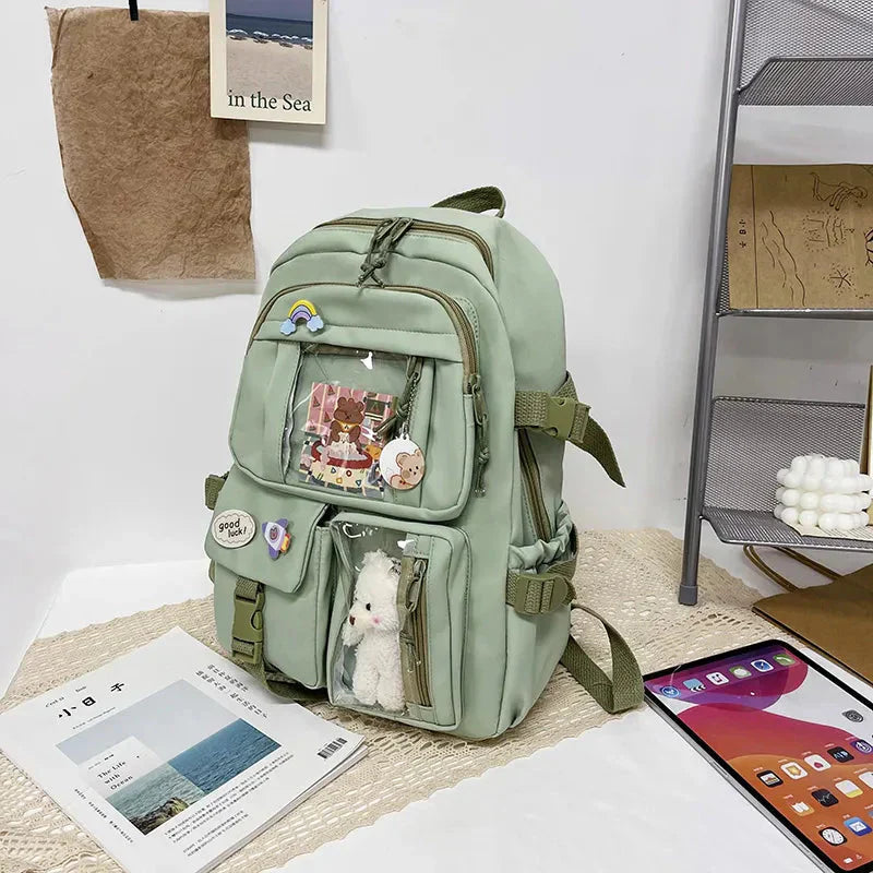 Sac à Dos Kawaii Vert Sauge Clair avec Poches Vitrines