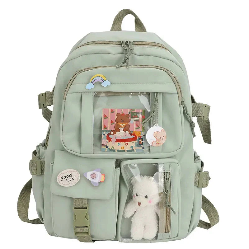 Sac à Dos Kawaii Vert Sauge Clair avec Poches Vitrines