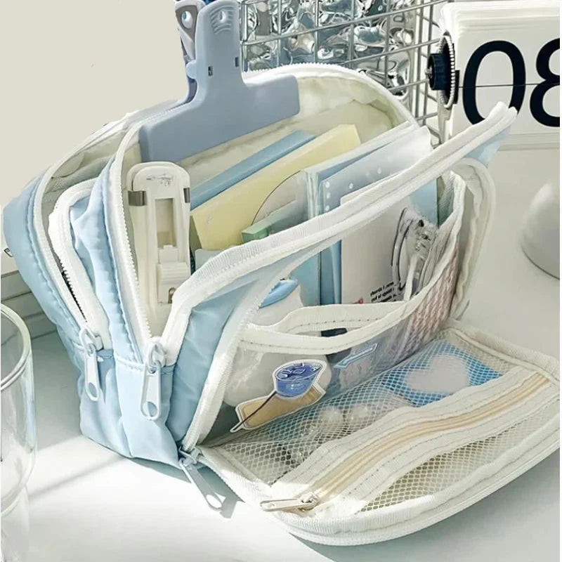 Trousse de Rangement en Tissu Bleu Clair Multi-Poches