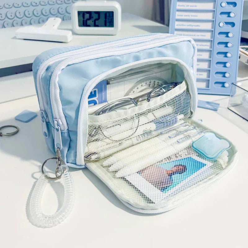Trousse de Rangement en Tissu Bleu Clair Multi-Poches