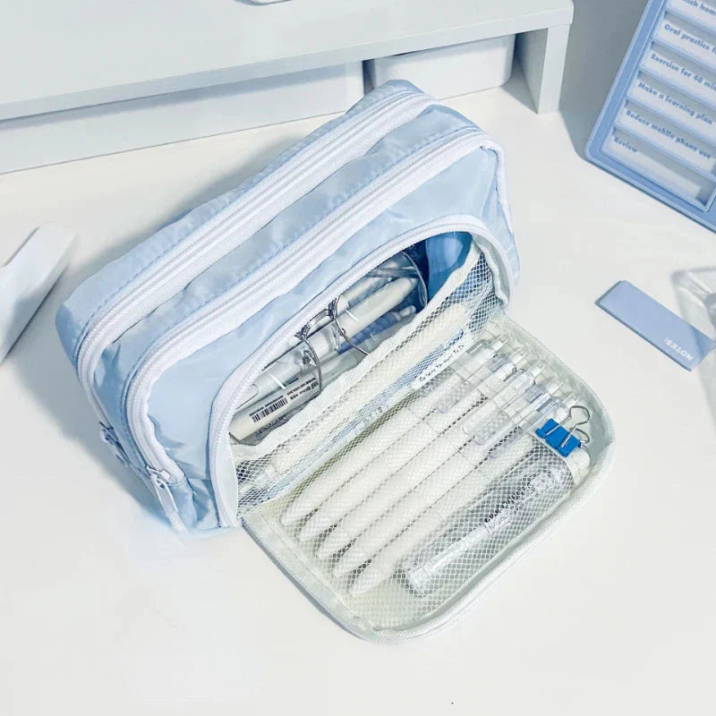 Trousse de Rangement en Tissu Bleu Clair Multi-Poches