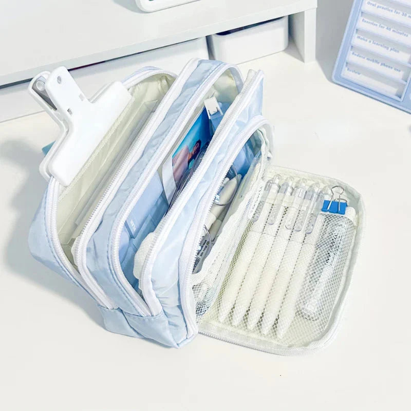 Trousse de Rangement en Tissu Bleu Clair Multi-Poches