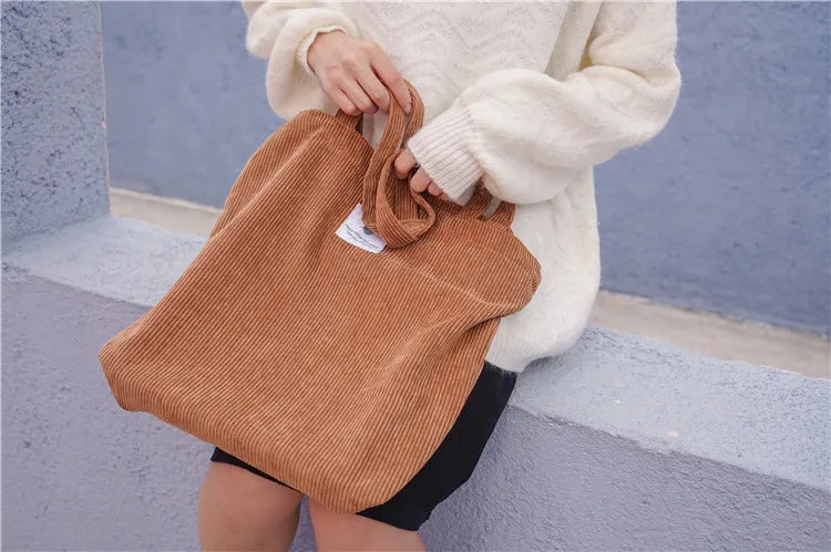 Sac Cabas en Velours Côtelé Marron Camel