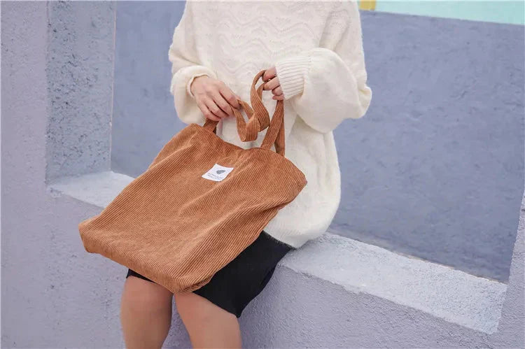 Sac Cabas en Velours Côtelé Marron Camel