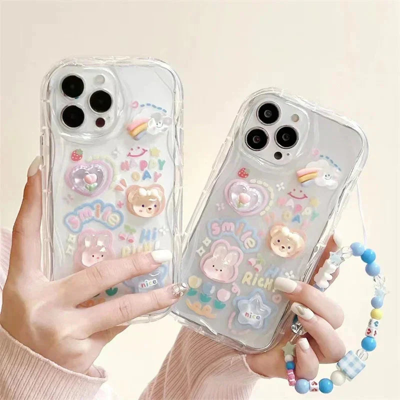 Coque Téléphone Transparente 3D Kawaii et Sangle Perles