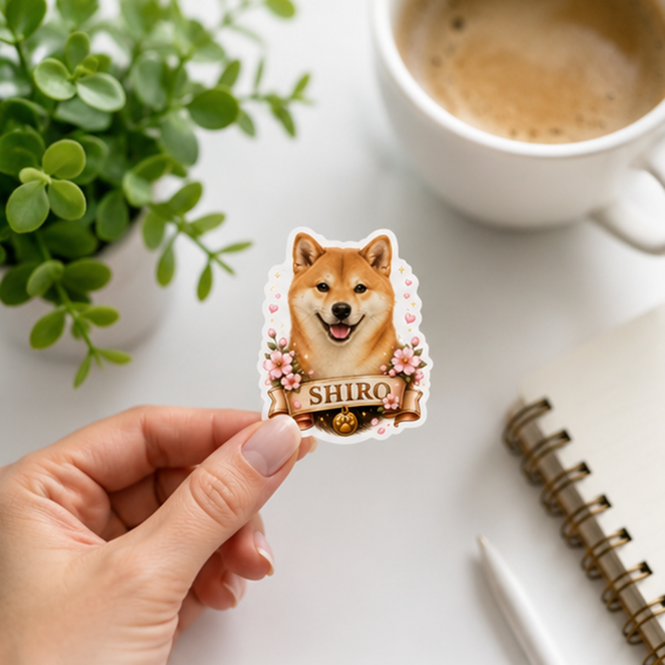 Autocollant de Chien Shiba Inu 'Shiro' et Fleurs Roses