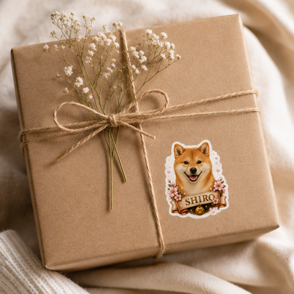Autocollant de Chien Shiba Inu 'Shiro' et Fleurs Roses