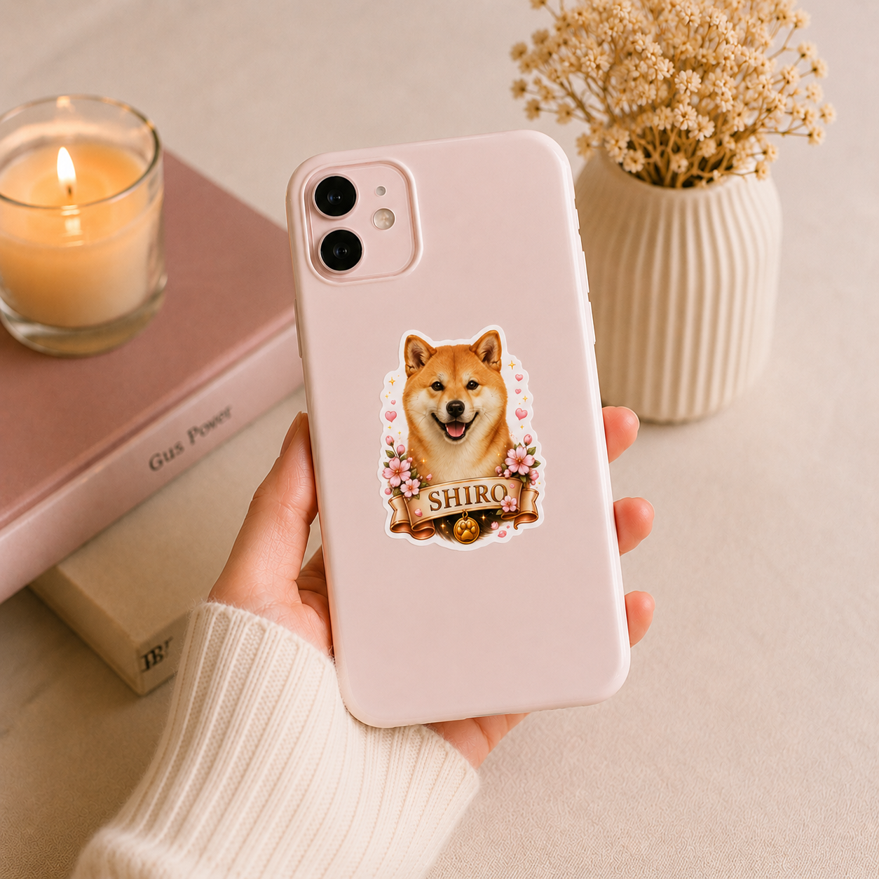 Autocollant de Chien Shiba Inu 'Shiro' et Fleurs Roses
