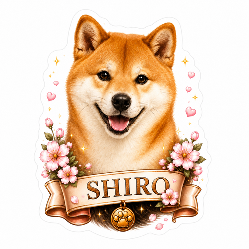 Autocollant de Chien Shiba Inu 'Shiro' et Fleurs Roses