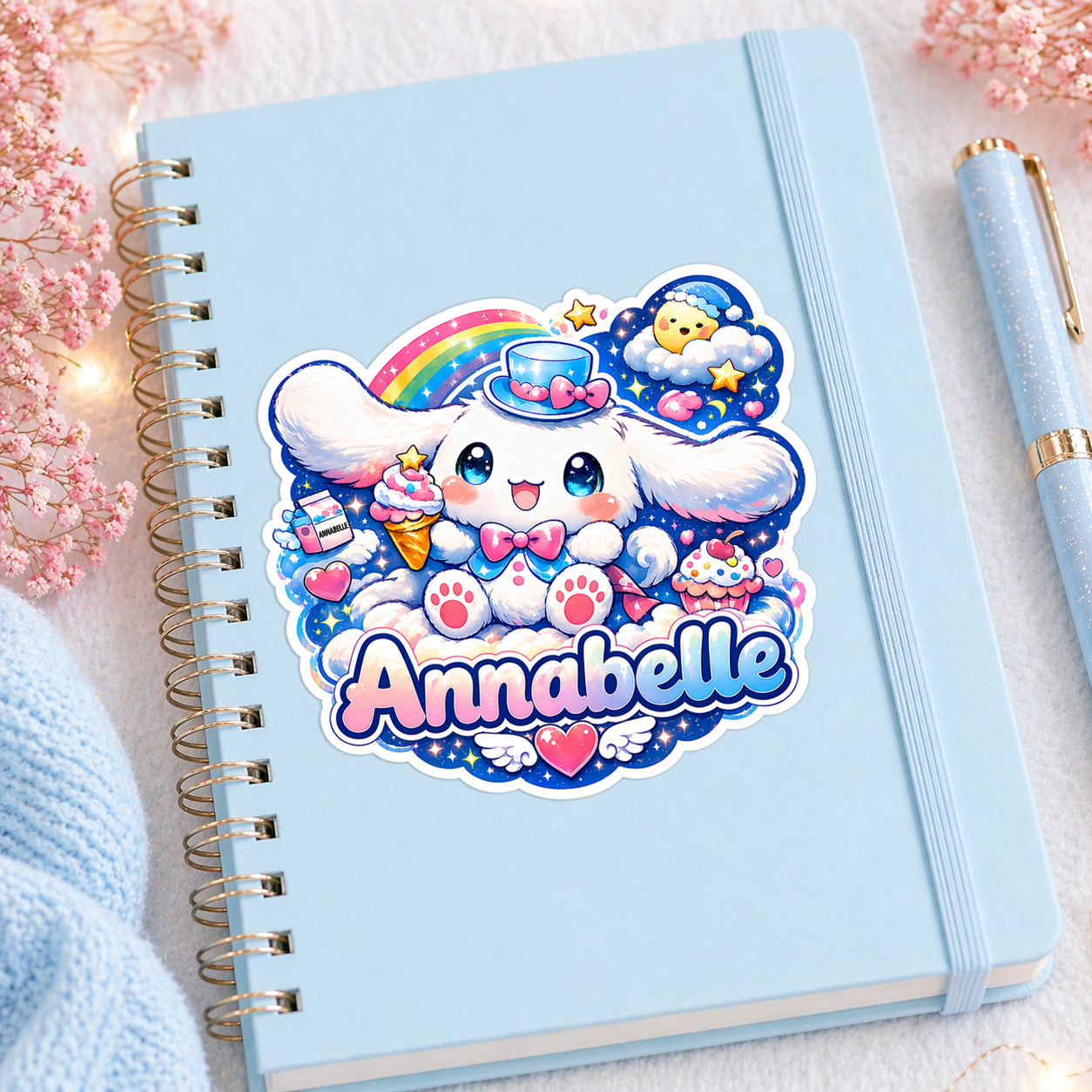 Autocollant Personnalisable Kawaii Chien Blanc à Chapeau
