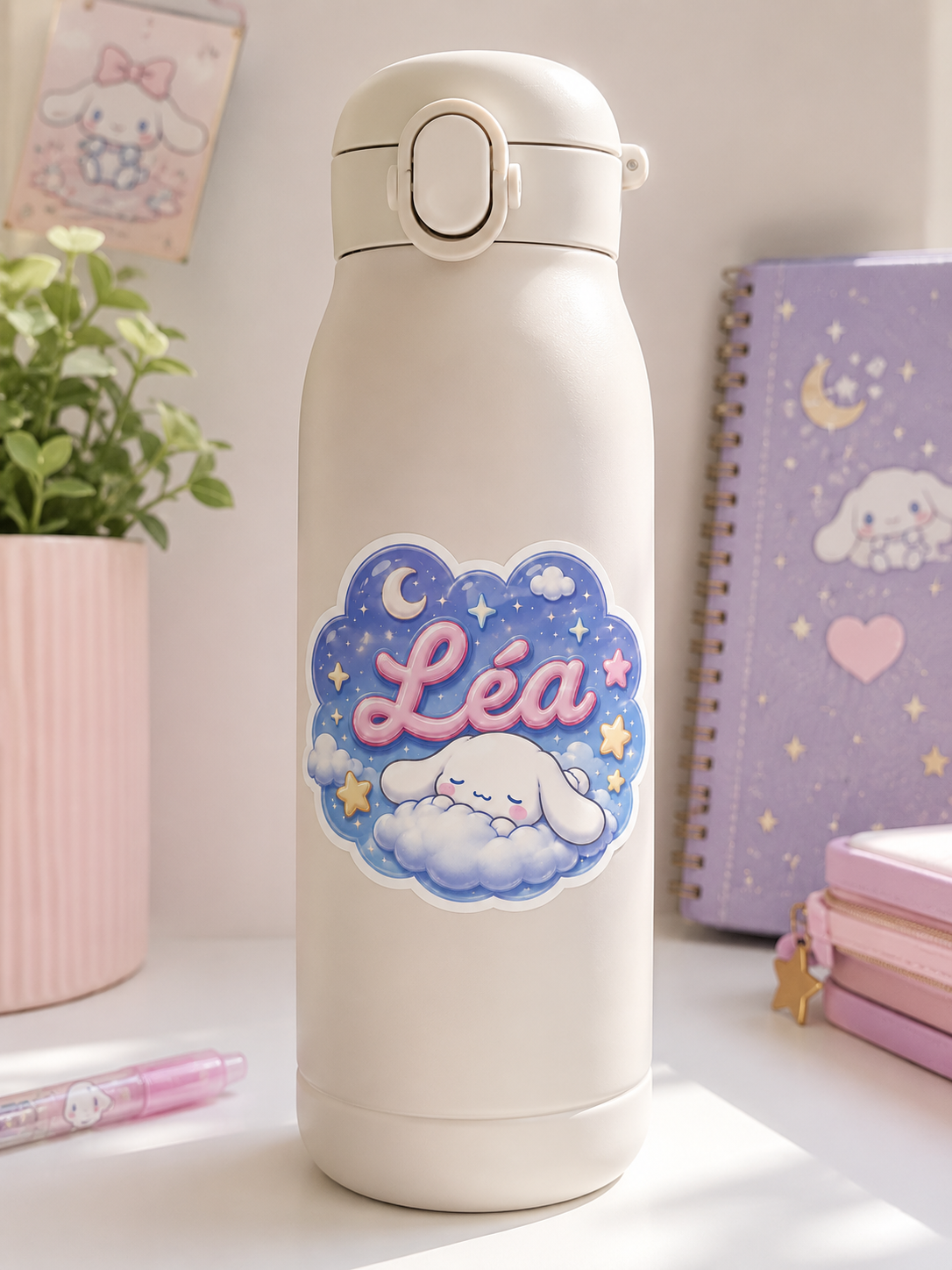Sticker Personnalisé Cinnamoroll Léa Nuage avec Nœud Bleu