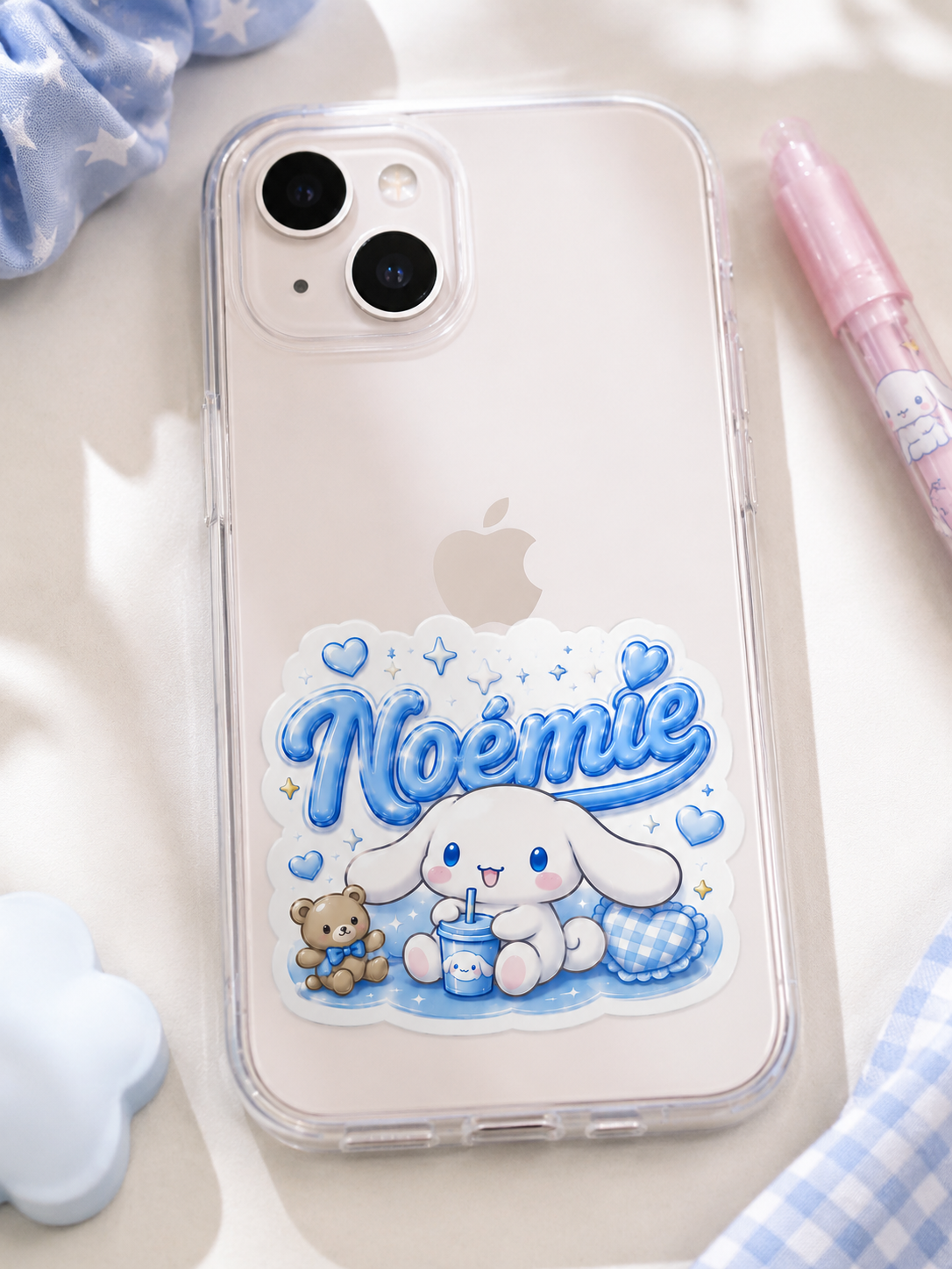 Sticker Personnalisé Cinnamoroll Léa Nuage avec Nœud Bleu