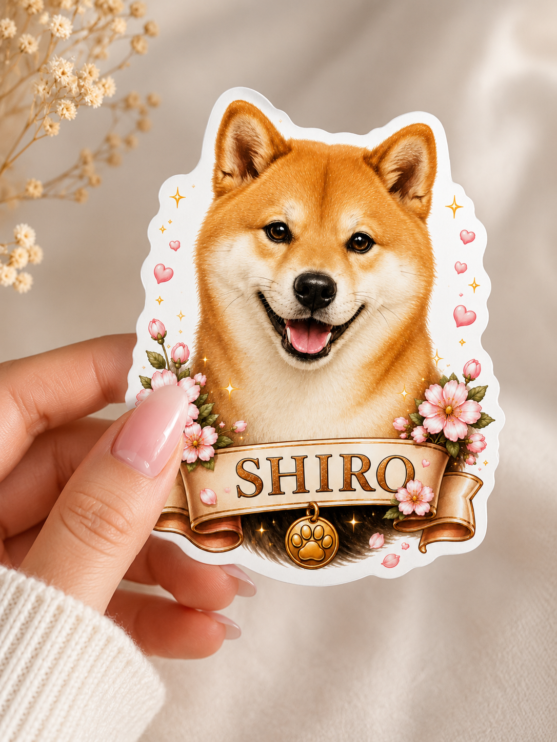 Autocollant de Chien Shiba Inu 'Shiro' et Fleurs Roses