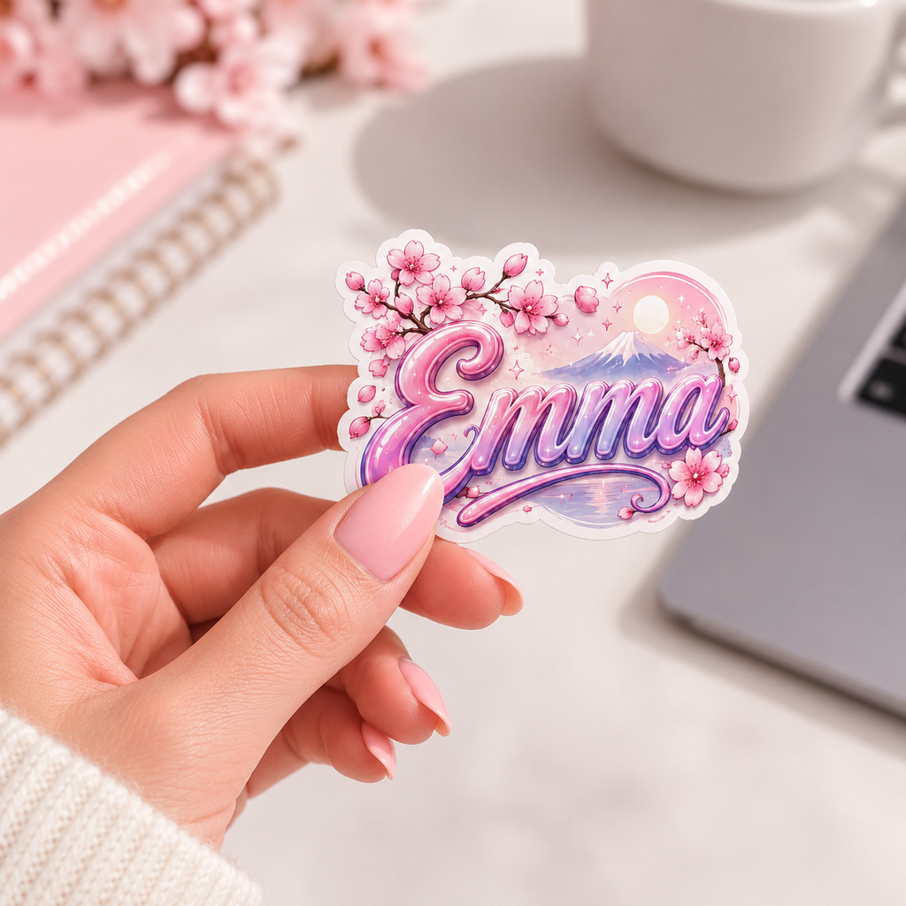 Sticker Prénom Emma Rose au Paysage Japonais Kawaii