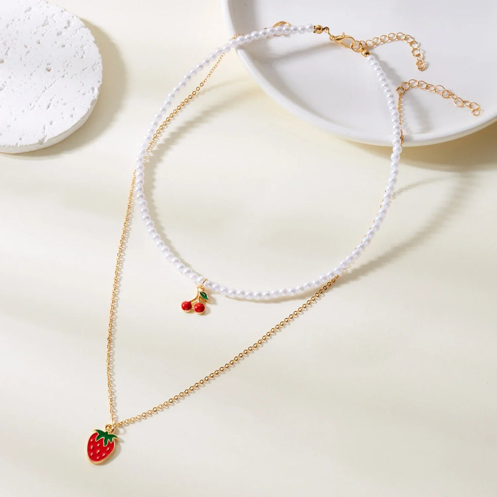 Collier ras-du-cou perlé motif fraise boho Y2K pendentif perle - Câlin Kawaii