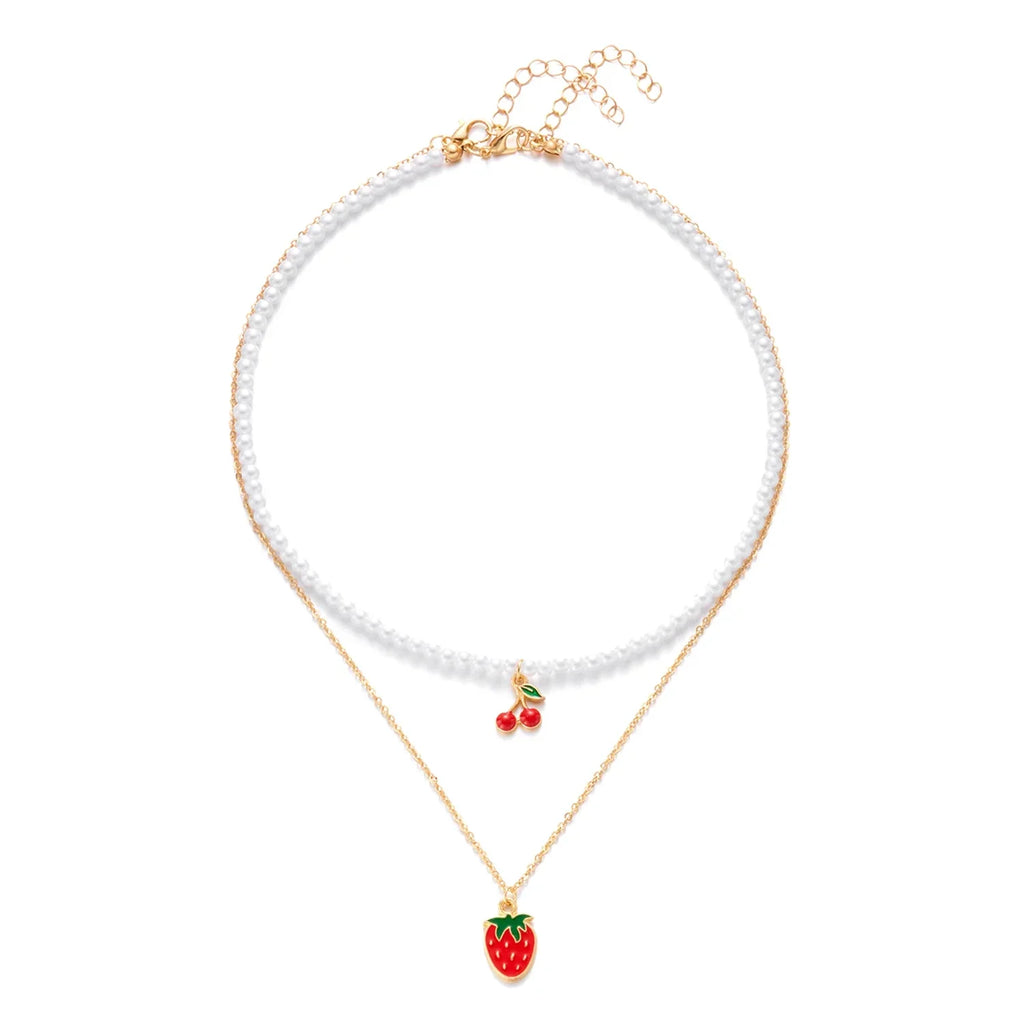 Collier Multirangs Perles et Fraises Rouge et Blanc