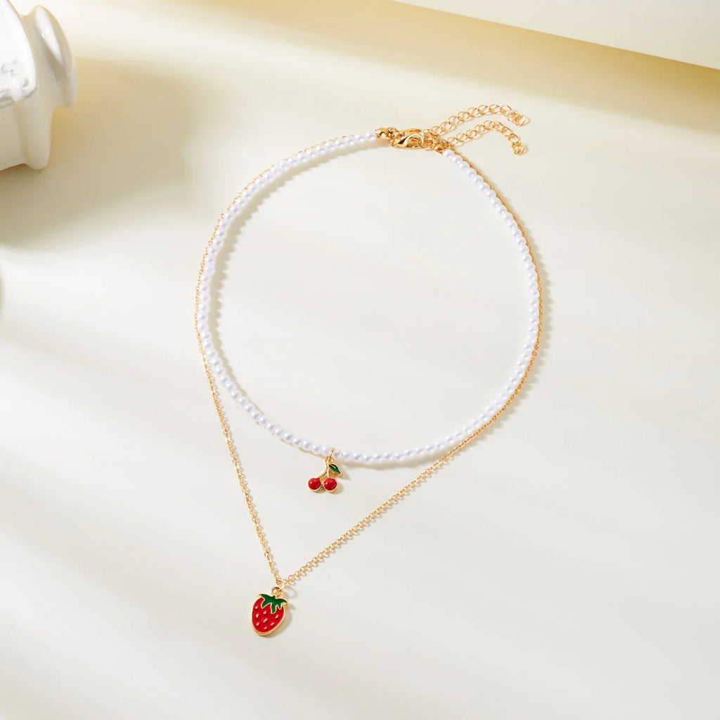 Collier Multirangs Perles et Fraises Rouge et Blanc