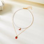 Collier Multirangs Perles et Fraises Rouge et Blanc