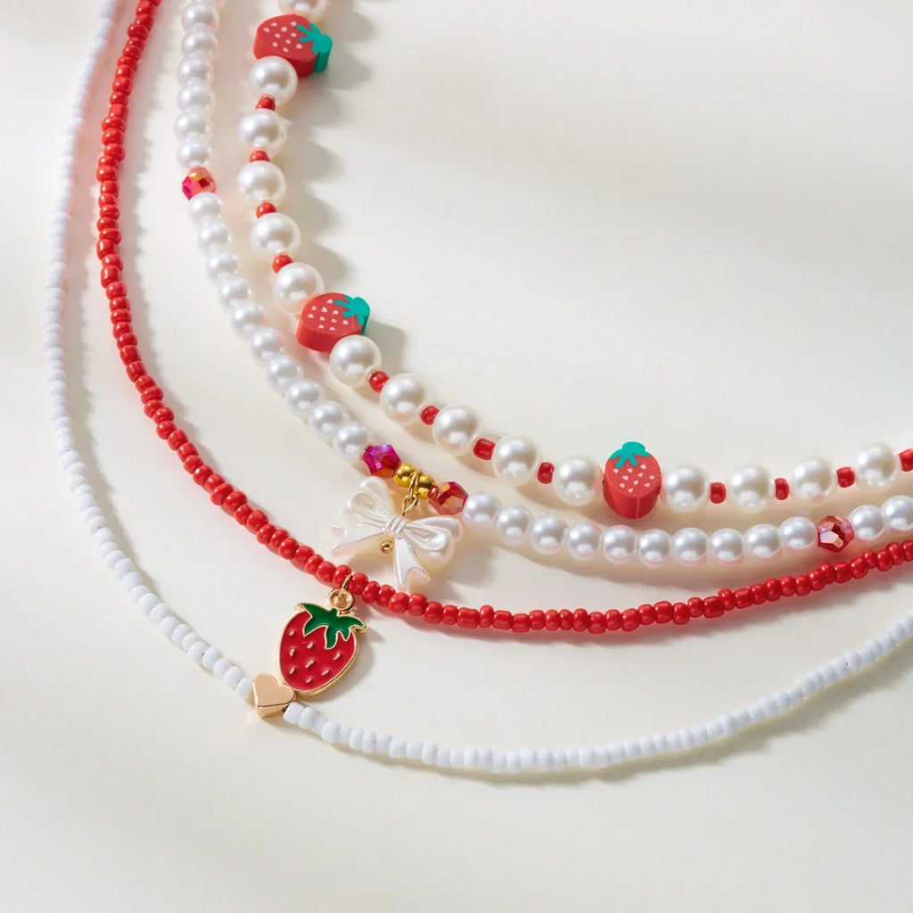 Collier Multirangs Perles et Fraises Rouge et Blanc