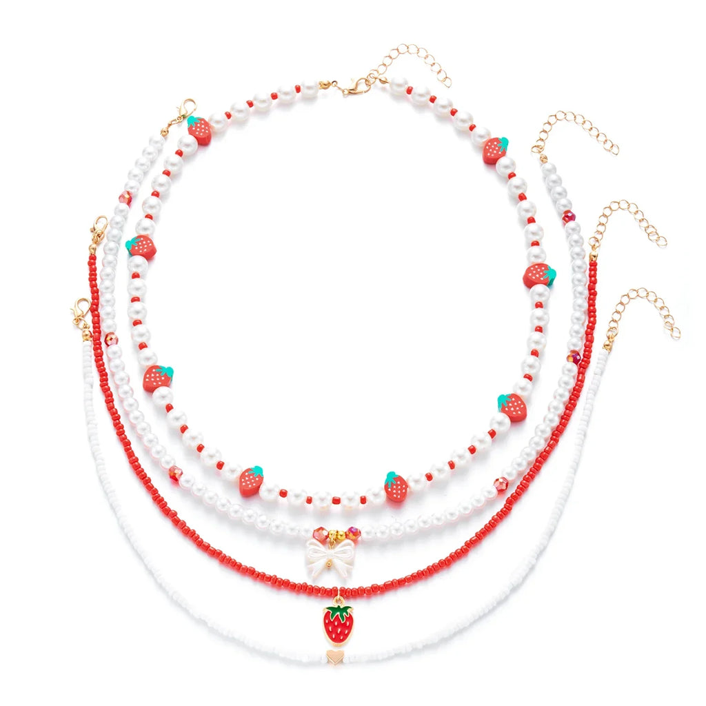Collier Multirangs Perles et Fraises Rouge et Blanc