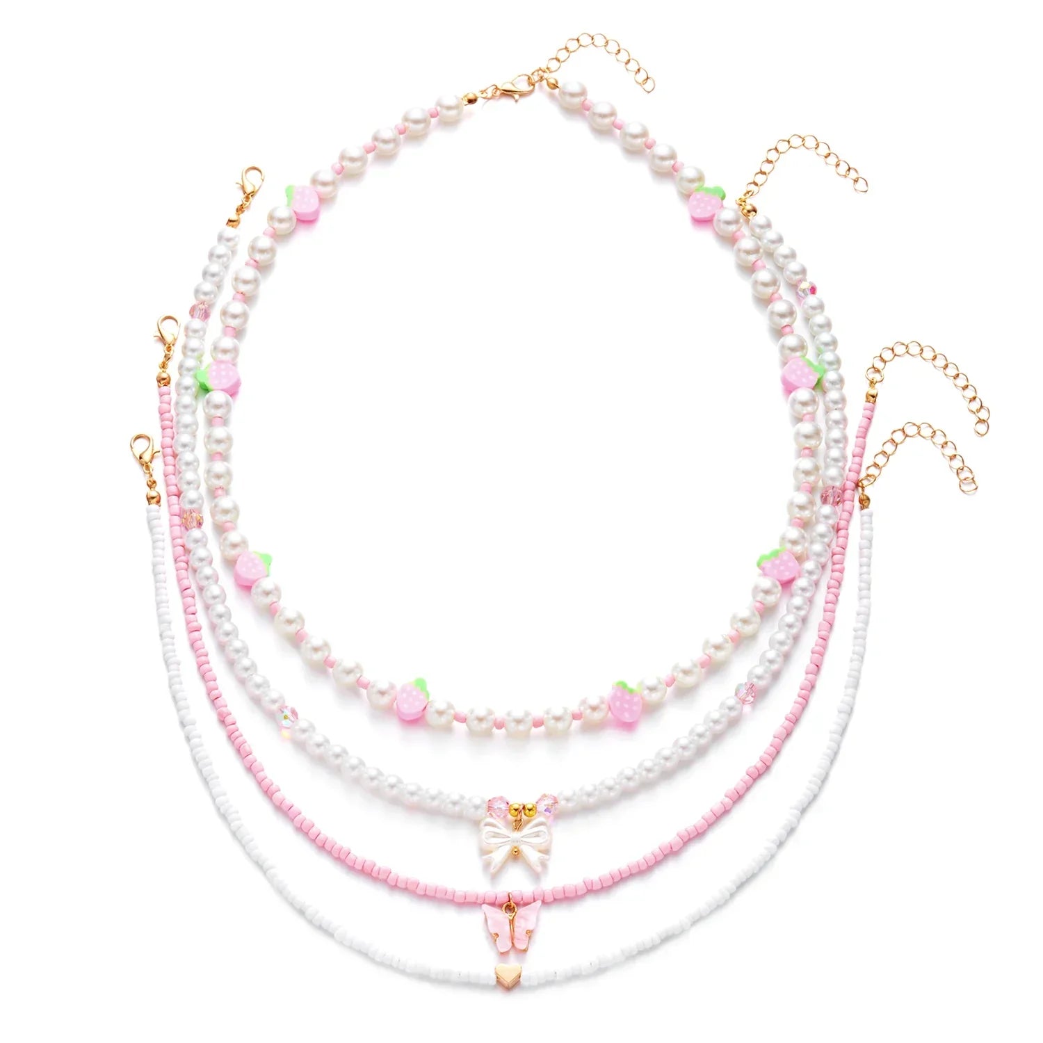 Collier Multirangs Perles et Fraises Rouge et Blanc