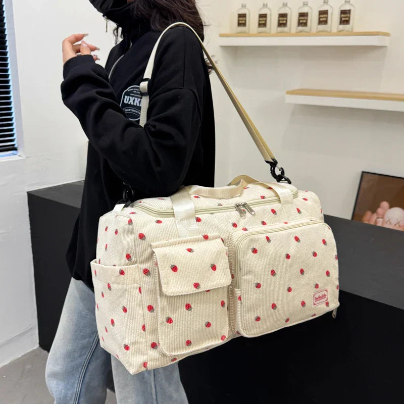 Sac Duffle en Velours Côtelé Écru à Fraises