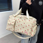 Sac Duffle en Velours Côtelé Écru à Fraises