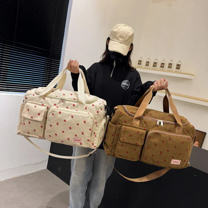 Sac Duffle en Velours Côtelé Écru à Fraises