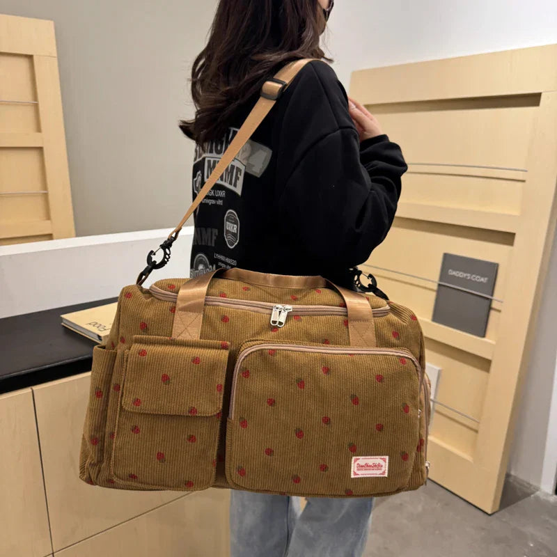 Sac Duffle en Velours Côtelé Écru à Fraises