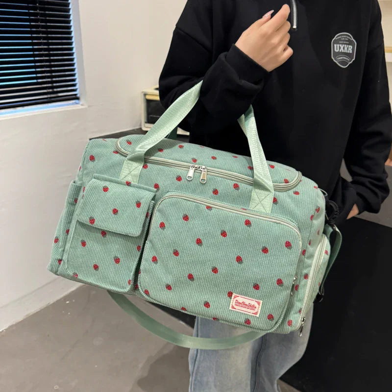 Sac Duffle en Velours Côtelé Écru à Fraises