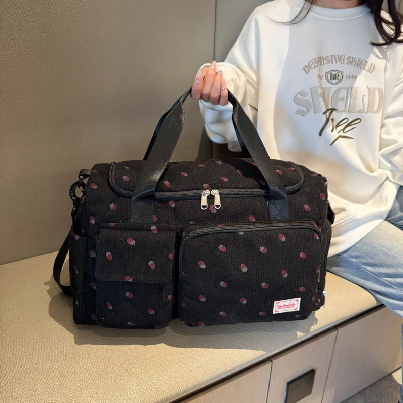Sac Duffle en Velours Côtelé Écru à Fraises