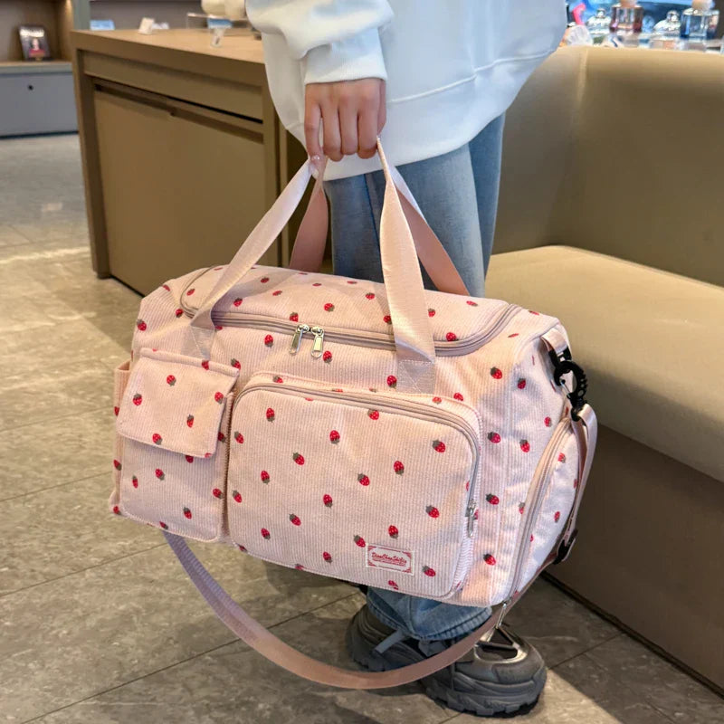 Sac Duffle en Velours Côtelé Écru à Fraises